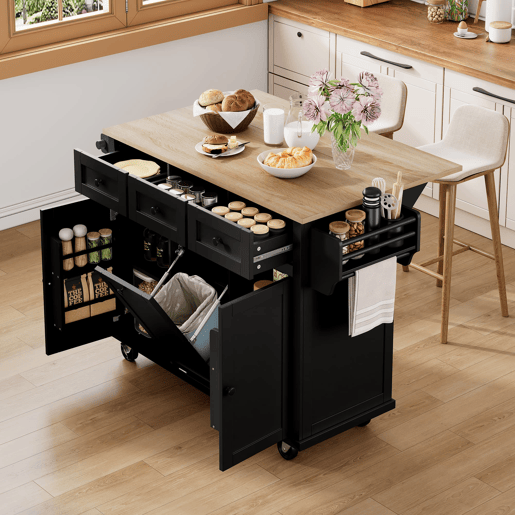 Ilha de cozinha móvel 131 cm - extensível com rodas, gavetas e caixote do lixo - preto