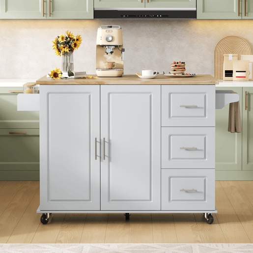 Mesa de cozinha móvel grande 137x43(76)x92 cm - Bancada em madeira de carvalho, design dobrável, armário multifuncional, 3 gavetas, suporte para toalhas - Cinza