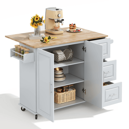 Mesa de cozinha móvel grande 137x43(76)x92 cm - Bancada em madeira de carvalho, design dobrável, armário multifuncional, 3 gavetas, suporte para toalhas - Cinza