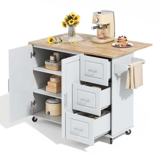 Mesa de cozinha móvel grande 137x43(76)x92 cm - Bancada em madeira de carvalho, design dobrável, armário multifuncional, 3 gavetas, suporte para toalhas - Cinza