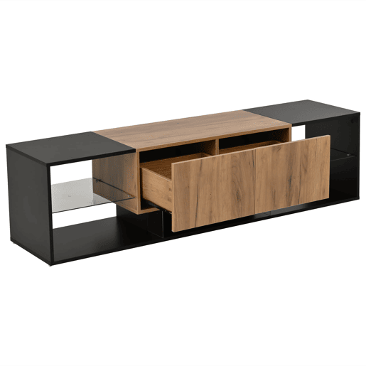 Móvel de TV de 3 níveis para 70 - moderno com prateleiras de vidro e 2 gavetas - Preto+Natural Móvel de TV de 3 níveis para 70 - moderno com prateleiras de vidro e 2 gavetas - Preto+Natural