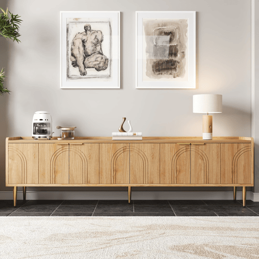 Móvel de TV 170x35x47,5 cm - Lowboard com porta texturizada, puxadores e pés dourados - Natural Móvel de TV 170x35x47,5 cm - Lowboard com porta texturizada, puxadores e pés dourados - Natural