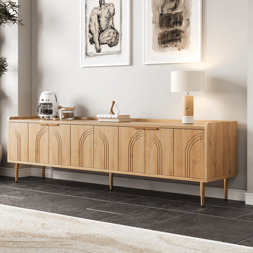 Móvel de TV 170x35x47,5 cm - Lowboard com porta texturizada, puxadores e pés dourados - Natural Móvel de TV 170x35x47,5 cm - Lowboard com porta texturizada, puxadores e pés dourados - Natural