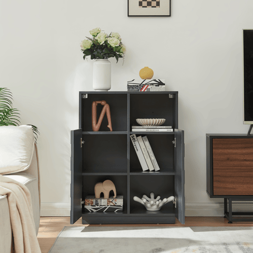 Cómoda alta Bopibobro com 2 portas 6 compartimentos 86x64x36 cm Cinzento escuro en.casa