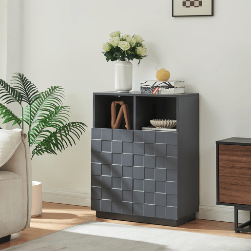 Cómoda alta Bopibobro com 2 portas 6 compartimentos 86x64x36 cm Cinzento escuro en.casa