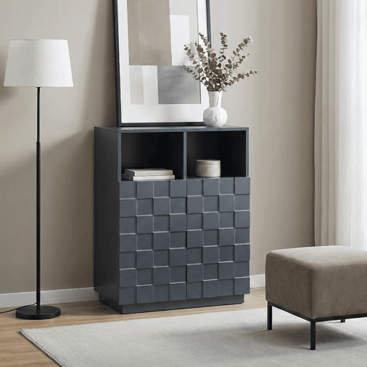 Cómoda alta Bopibobro com 2 portas 6 compartimentos 86x64x36 cm Cinzento escuro en.casa