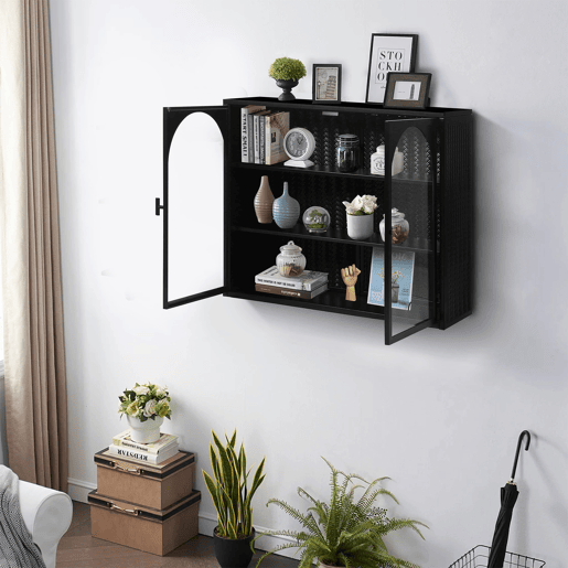 Armário de parede 70 cm - Portas de vidro, 2 portas, 3 níveis, design em tecido - Preto