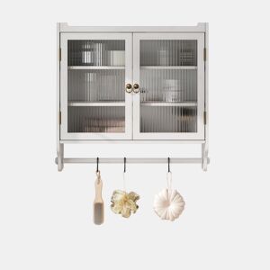 Armário de parede com porta de vidro 60 cm - Porta dupla, 3 prateleiras, toalheiro - Branco lavado