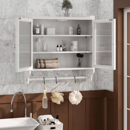 Armário de parede com porta de vidro 60 cm - Porta dupla, 3 prateleiras, toalheiro - Branco lavado