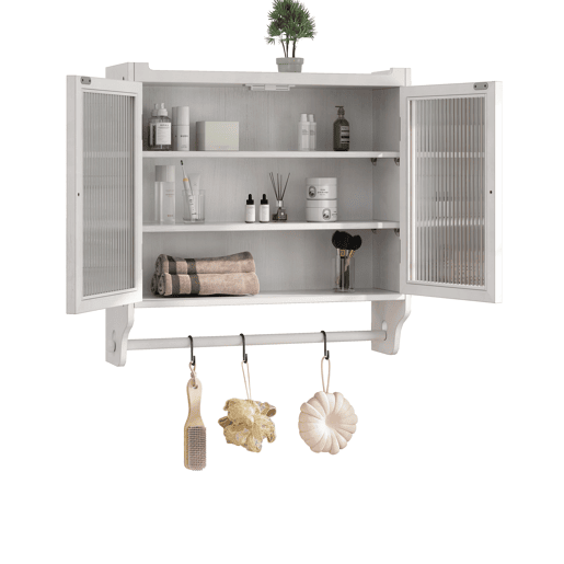 Armário de parede com porta de vidro 60 cm - Porta dupla, 3 prateleiras, toalheiro - Branco lavado