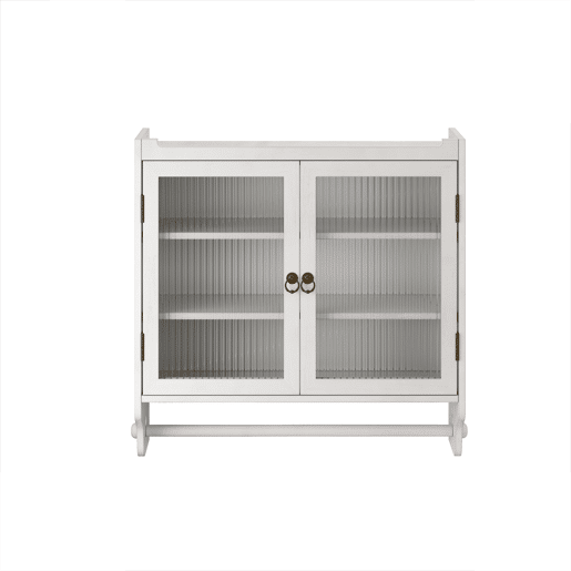 Armário de parede com porta de vidro 60 cm - Porta dupla, 3 prateleiras, toalheiro - Branco lavado