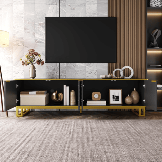 Móvel de TV 160x37,5 cm - 4 portas, design geométrico, baixo - Preto