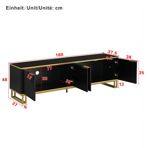 Móvel de TV 160x37,5 cm - 4 portas, design geométrico, baixo - Preto