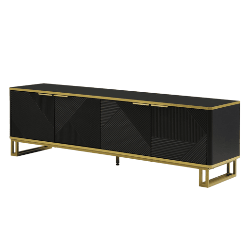 Móvel de TV 160x37,5 cm - 4 portas, design geométrico, baixo - Preto