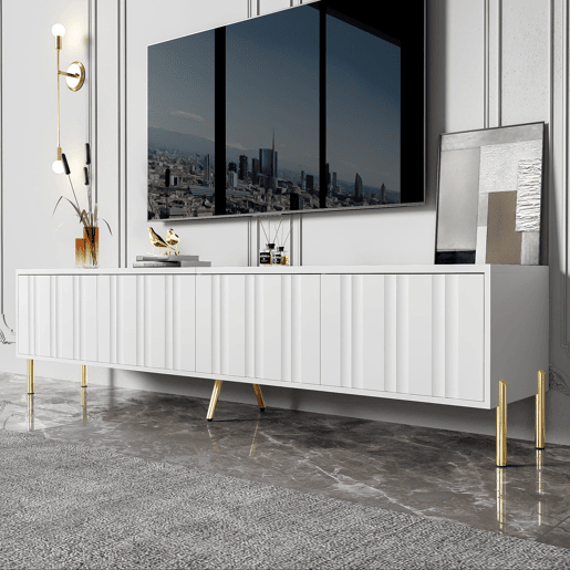 Móvel de TV 190x38x48 cm - Portas com ranhuras, pés dourados - Branco