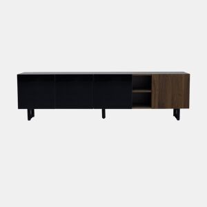 Móvel de TV 180x38 cm - 4 portas, baixo, design vintage - Preto e Natural