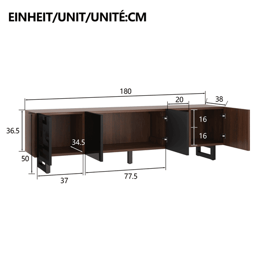 Móvel de TV 180x38 cm - 4 portas, baixo, design vintage - Preto e Natural