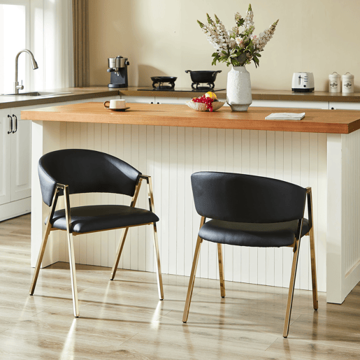 2 cadeiras de jantar - PU preto, estrutura dourada, design moderno minimalista - Preto