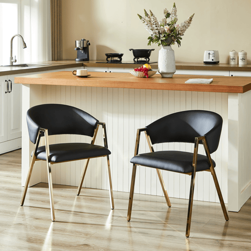 2 cadeiras de jantar - PU preto, estrutura dourada, design moderno minimalista - Preto