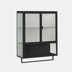 Armário de parede 60 cm - Portas de vidro, 2 níveis, prateleira aberta e toalheiro - Preto