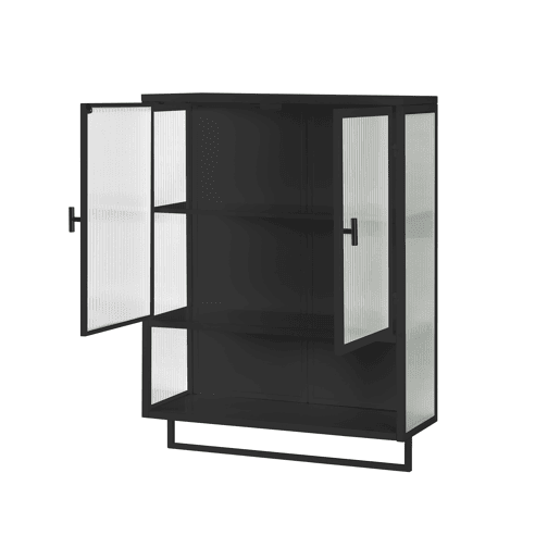 Armário de parede 60 cm - Portas de vidro, 2 níveis, prateleira aberta e toalheiro - Preto