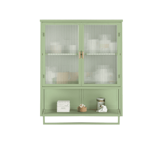 Móvel de parede com portas de vidro 60 cm - Armazenamento fechado em 2 níveis, prateleira aberta, toalheiro - Verde