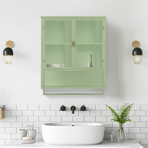 Móvel de parede com portas de vidro 60 cm - Armazenamento fechado em 2 níveis, prateleira aberta, toalheiro - Verde