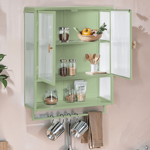 Móvel de parede com portas de vidro 60 cm - Armazenamento fechado em 2 níveis, prateleira aberta, toalheiro - Verde