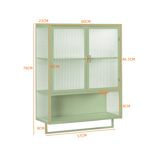 Móvel de parede com portas de vidro 60 cm - Armazenamento fechado em 2 níveis, prateleira aberta, toalheiro - Verde