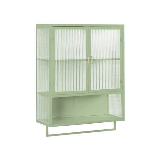 Móvel de parede com portas de vidro 60 cm - Armazenamento fechado em 2 níveis, prateleira aberta, toalheiro - Verde