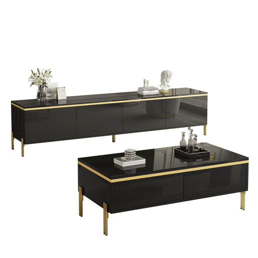Móvel de TV e mesa de centro - Luxo moderno, superfície brilhante, bordas douradas, grande capacidade de armazenamento - Preto