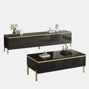 Móvel de TV e mesa de centro - Luxo moderno, superfície brilhante, bordas douradas, grande capacidade de armazenamento - Preto