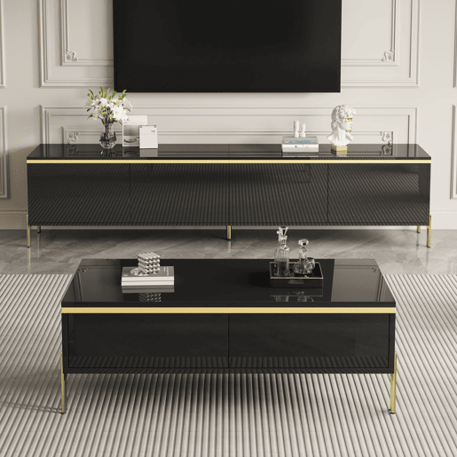 Móvel de TV e mesa de centro - Luxo moderno, superfície brilhante, bordas douradas, grande capacidade de armazenamento - Preto