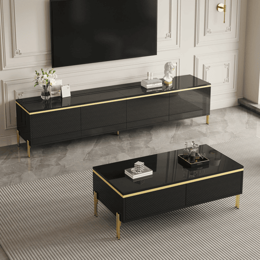 Móvel de TV e mesa de centro - Luxo moderno, superfície brilhante, bordas douradas, grande capacidade de armazenamento - Preto