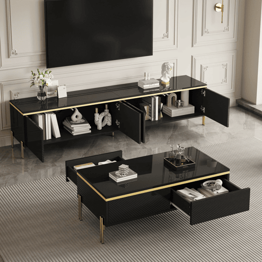 Móvel de TV e mesa de centro - Luxo moderno, superfície brilhante, bordas douradas, grande capacidade de armazenamento - Preto