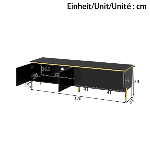 Móvel de TV e mesa de centro - Luxo moderno, superfície brilhante, bordas douradas, grande capacidade de armazenamento - Preto