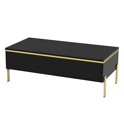 Móvel de TV e mesa de centro - Luxo moderno, superfície brilhante, bordas douradas, grande capacidade de armazenamento - Preto