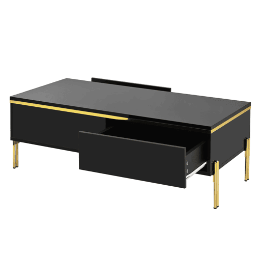 Móvel de TV e mesa de centro - Luxo moderno, superfície brilhante, bordas douradas, grande capacidade de armazenamento - Preto