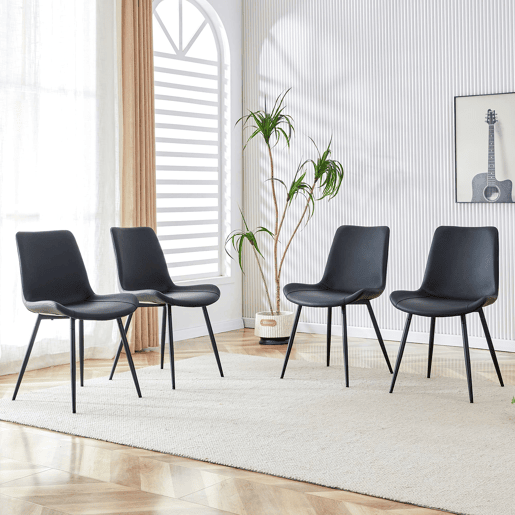 Cadeiras de sala de jantar 4 unidades - modernas, assento largo com encosto, PU e estrutura metálica - Preto