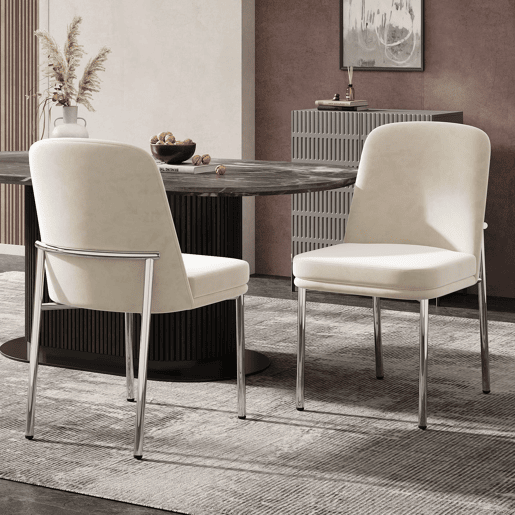 Cadeiras de sala de jantar 2 unidades - almofada grossa, pernas metálicas, estilo moderno minimalista - bege Cadeiras de sala de jantar 2 unidades - almofada grossa, pernas metálicas, estilo moderno minimalista - bege