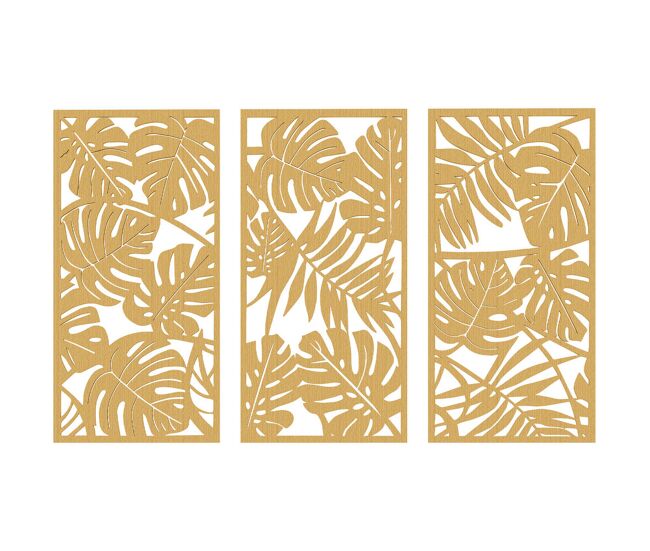 Homcom decoración de pared de madera 3d, 3 piezas, 40x80 cm, adornos de pared con patrón de hojas tropicales, arte moderno para salón, dormitorio, pasillo, madera natural