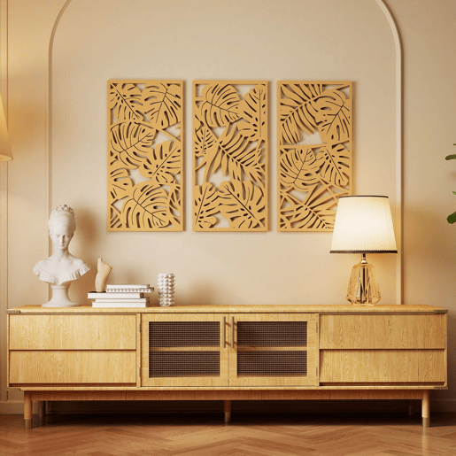 HOMCOM Decoração de Parede de Madeira 3D 3 Peças 40x80 cm Adornos de Parede com Padrão de Folhas Tropicais Arte Moderna para Sala Quarto Corredor Madeira Natural