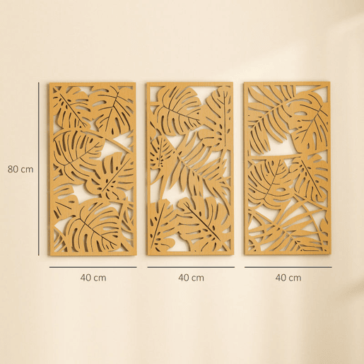 HOMCOM Decoração de Parede de Madeira 3D 3 Peças 40x80 cm Adornos de Parede com Padrão de Folhas Tropicais Arte Moderna para Sala Quarto Corredor Madeira Natural
