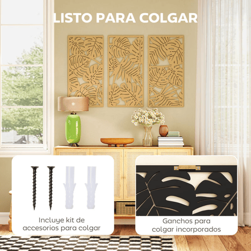 HOMCOM Decoração de Parede de Madeira 3D 3 Peças 40x80 cm Adornos de Parede com Padrão de Folhas Tropicais Arte Moderna para Sala Quarto Corredor Madeira Natural
