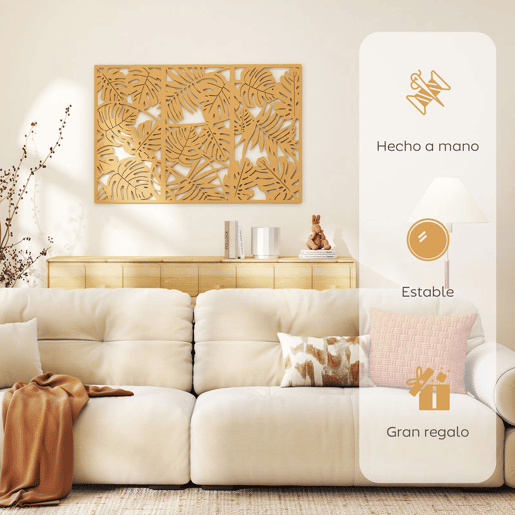 HOMCOM Decoração de Parede de Madeira 3D 3 Peças 40x80 cm Adornos de Parede com Padrão de Folhas Tropicais Arte Moderna para Sala Quarto Corredor Madeira Natural