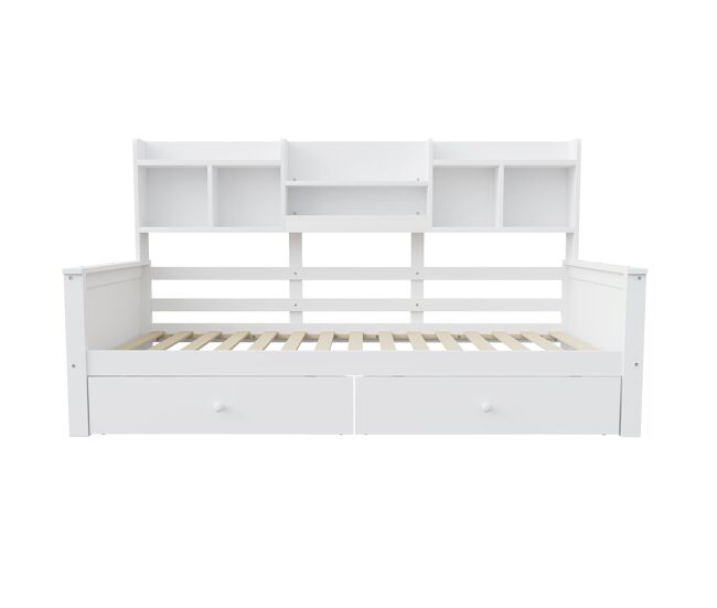 Sofá cama 90x200 - con cajones y estantes, somier, cama infantil/joven, madera maciza - blanco