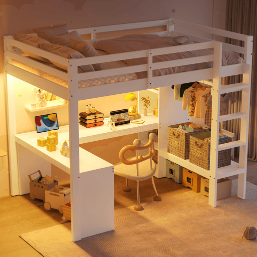 Cama alta 140x200 - Estantes multifuncionais, secretária inferior, luz LED, USB - Branco