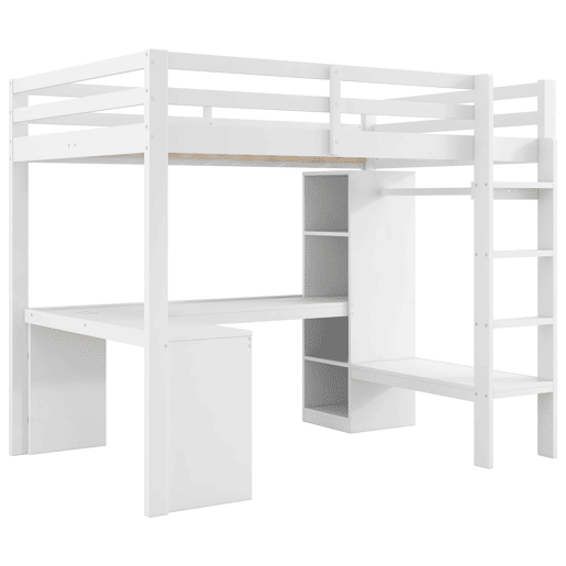 Cama alta 140x200 - Estantes multifuncionais, secretária inferior, luz LED, USB - Branco