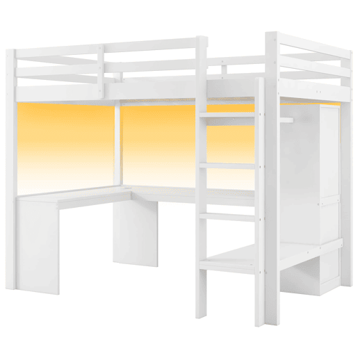 Cama alta 140x200 - Estantes multifuncionais, secretária inferior, luz LED, USB - Branco