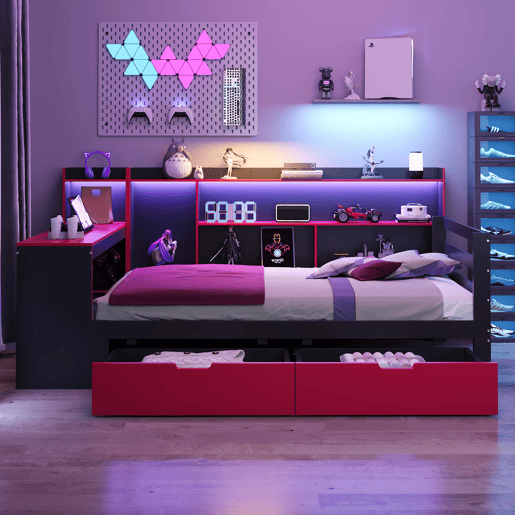 Sofá-cama de madeira 90x200 - Secretária, estantes, arrumação, iluminação, tomadas - Preto+Vermelho
